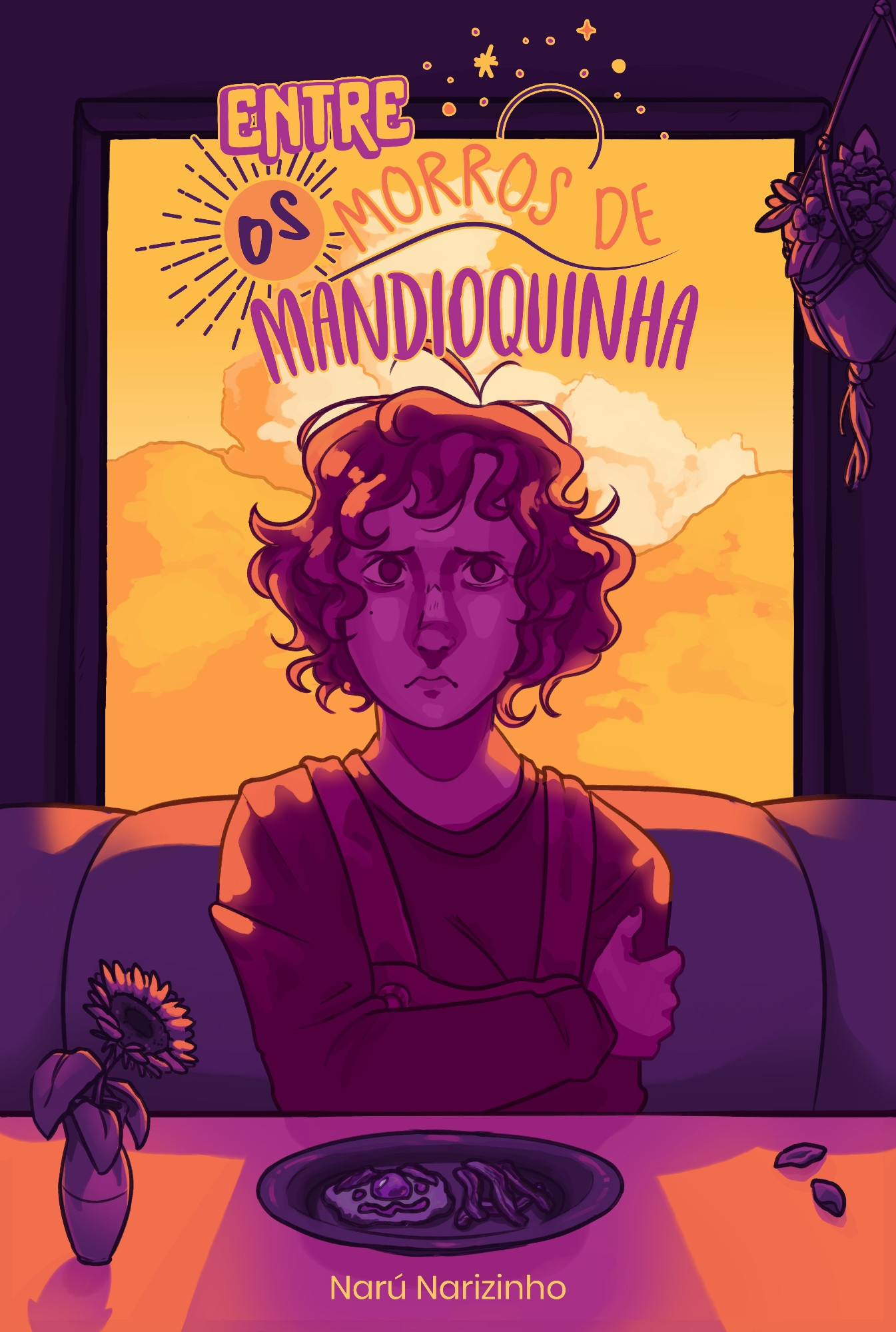 Capa do livro Entre os morros de Mandioquinha, de Narú Narizinho. 
              A protagonista Charlie olha para a frente com uma expressão que remete a medo. Ela tem uma blusa de mangas longas e um macacão por cima,
              está sentada em uma mesa com um prato de ovo e bacon, atrás de si estão os morros da cidade. Algumas flores acompanham a ilustração.
              Acima de tudo está o título do livro: Entre os Morros de Mandioquinha.